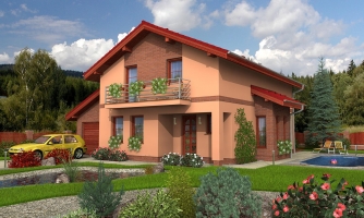 Multi-story family house with a gable roof and a garage.